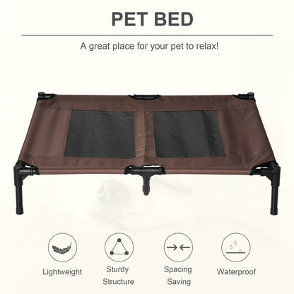 Brown raised pet cot with two black mesh panels and a sturdy metal frame