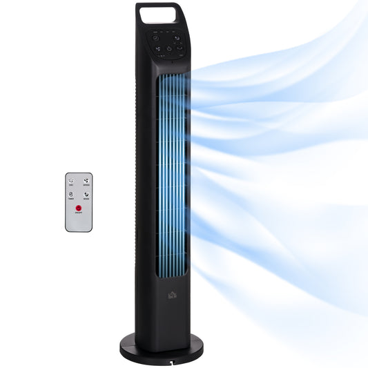 Photo of HOMCOM 31" Oscillating Tower Fan with Remote Control, 4H Timer, 3 Speed 3 Modes, Quiet Electric Floor Standing Fan for Home Bedroom Office, Black in Black colour on a white background