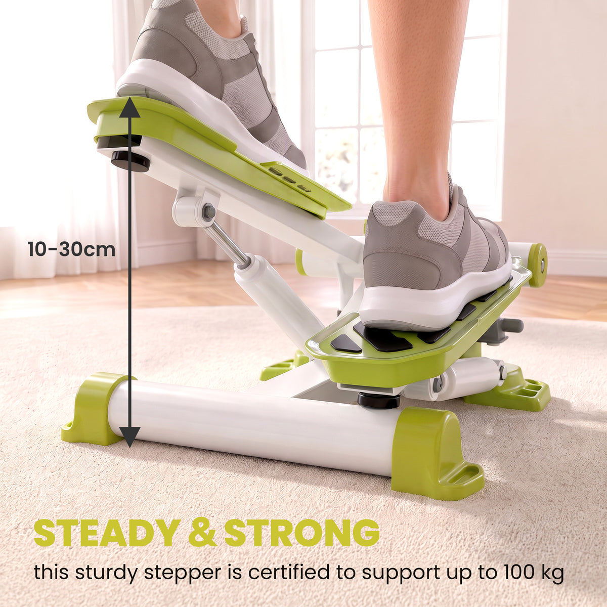 Yellow mini stepper with non-slip pedals shown in use and 10–30 cm stepping range