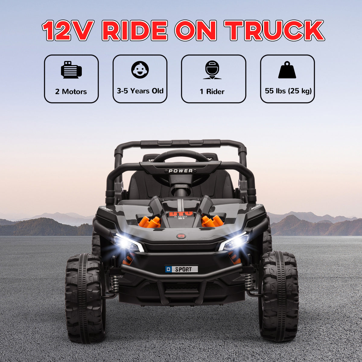 Front view of black AIYAPLAY ride-on truck with headlights, two motors and one seat