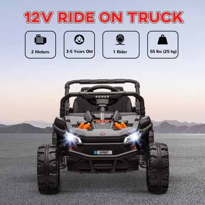 Front view of black AIYAPLAY ride-on truck with headlights, two motors and one seat