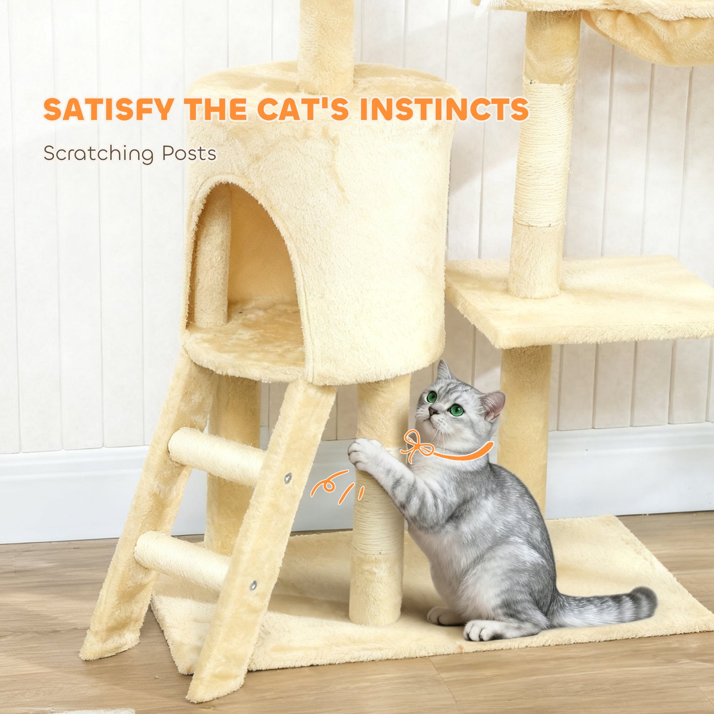 PawHut Multi-Level Cat Tree with Scratching Post, Ladder, Cat House, Beige