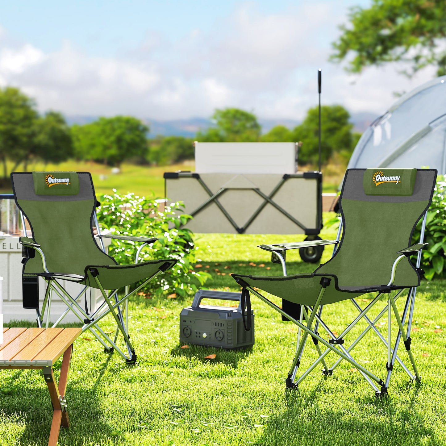 Outsunny Set of 2 Reclining Folding Camping Chair w/ Detachable Footrest, Storage Bag, Cup Holder & Headrest, Lightweight Portable Camp Chair for Beach, Picnic, Olive Green and Grey