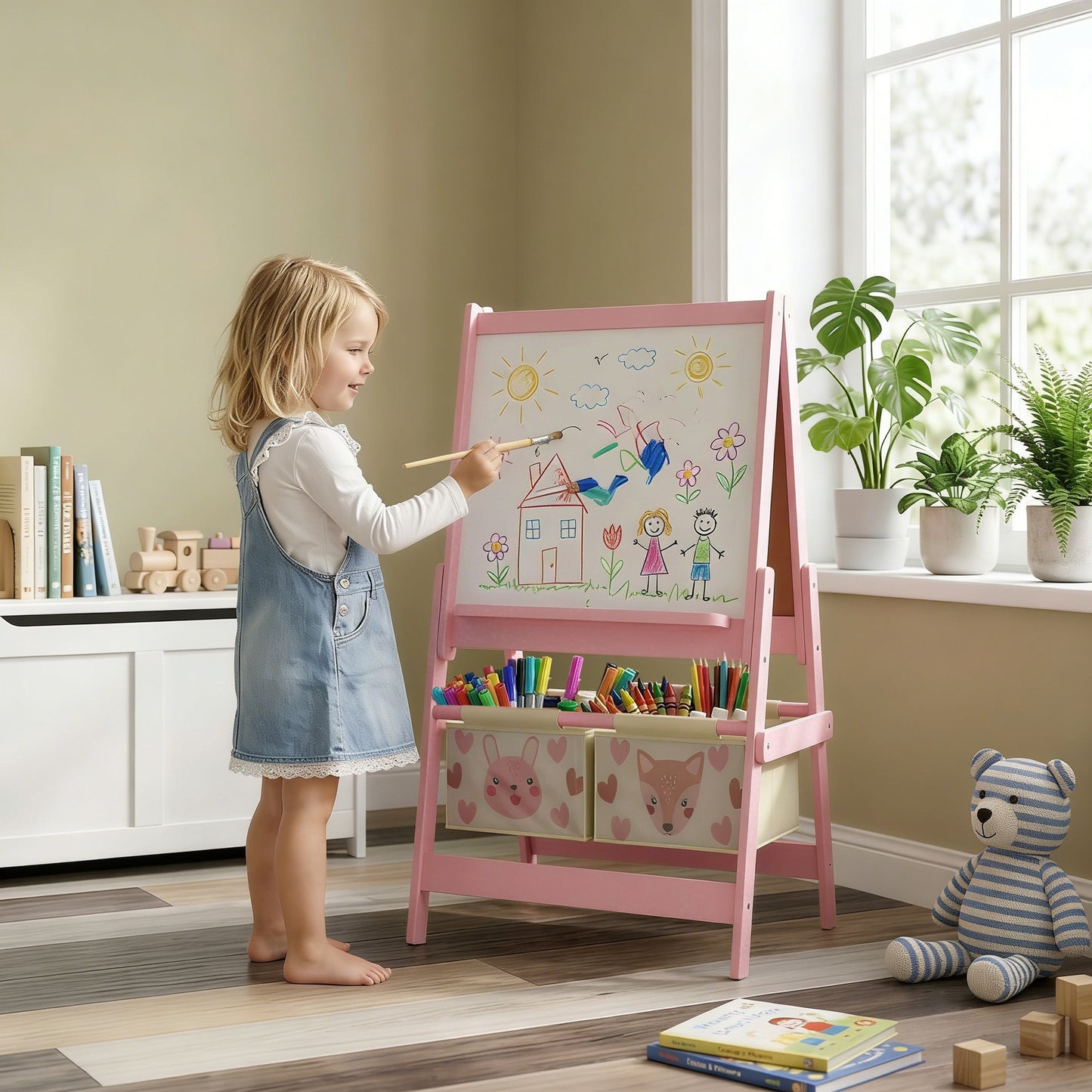 AIYAPLAY Three-In-One Kids Easel with Paper Roll, Art Easel, with Storage - Pink