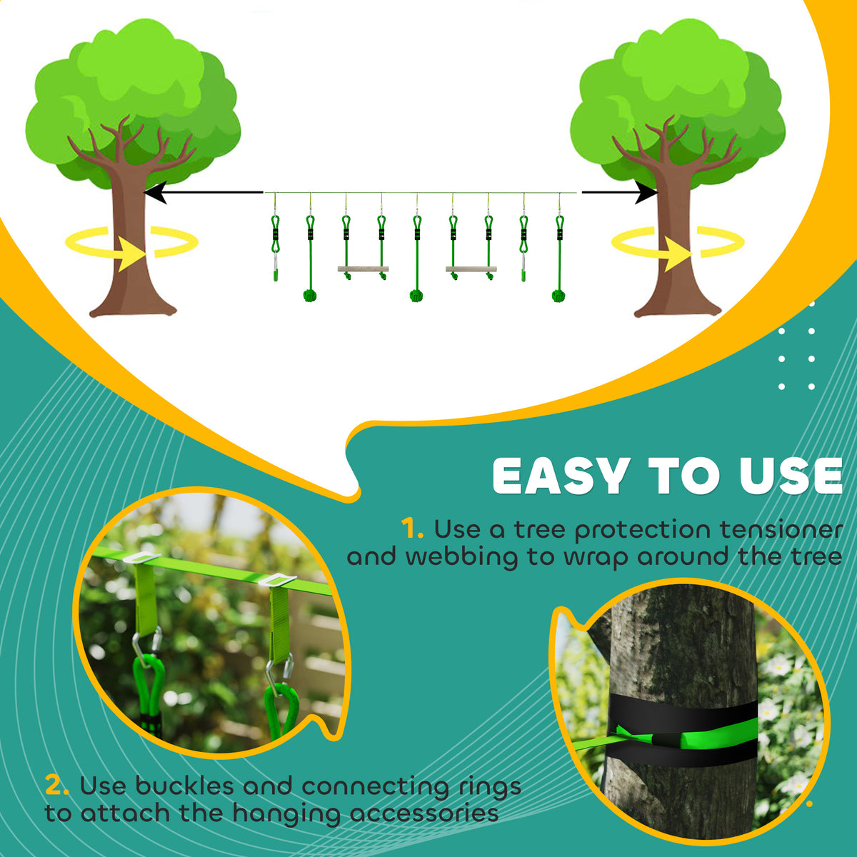 AIYAPLAY kids zip line kit wrapped around trees with hanging play accessories