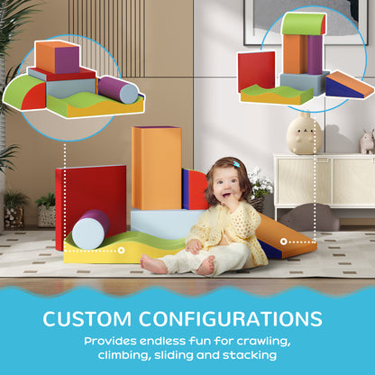 Soft play set arranged in custom configurations with a toddler seated beside the blocks