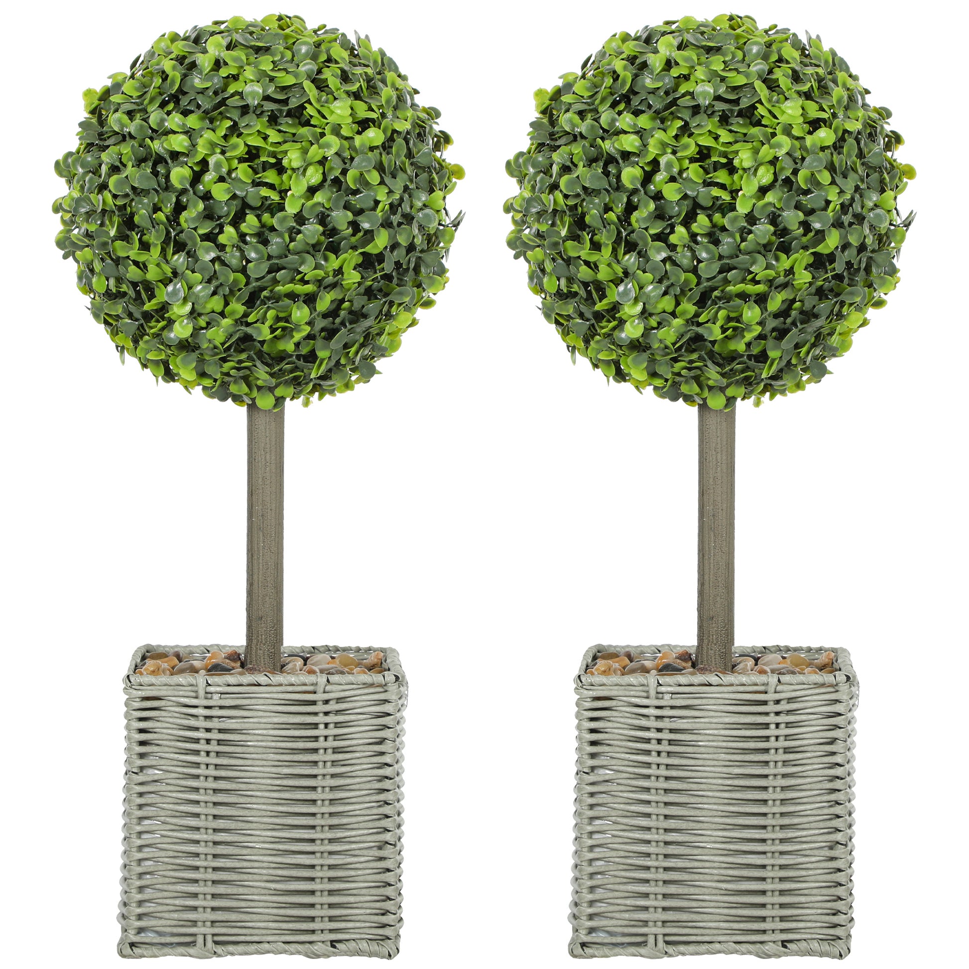 Photo of HOMCOM Set of 2 Decorative Artificial Plants, 50cm Faux Boxwood Topiary Balls with Woven Plastic Pot and Pebbles, Fake Plants for Home or Office Decor, Green in Green colour on a white background