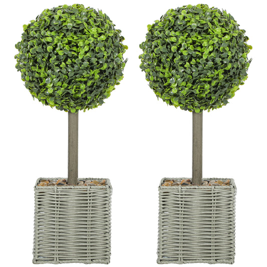 Photo of HOMCOM Set of 2 Decorative Artificial Plants, 50cm Faux Boxwood Topiary Balls with Woven Plastic Pot and Pebbles, Fake Plants for Home or Office Decor, Green in Green colour on a white background
