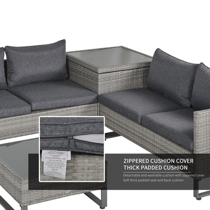 Gray wicker loveseat set with thick dark cushions and removable zippered covers
