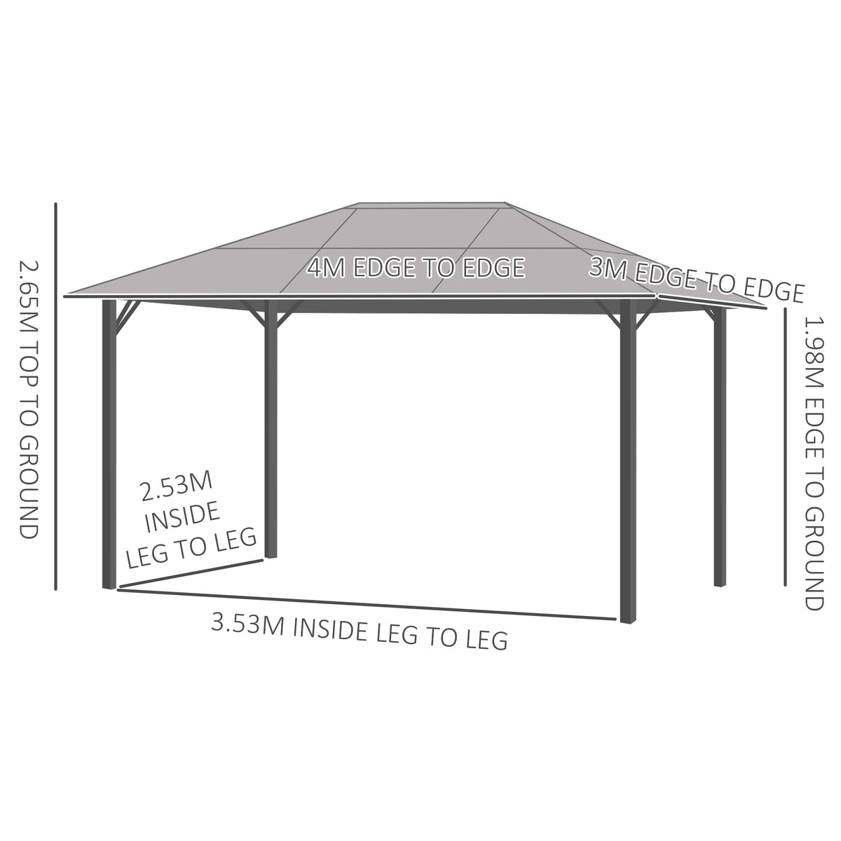 Outsunny hardtop gazebo dimension diagram showing roof span, leg spacing, and heights