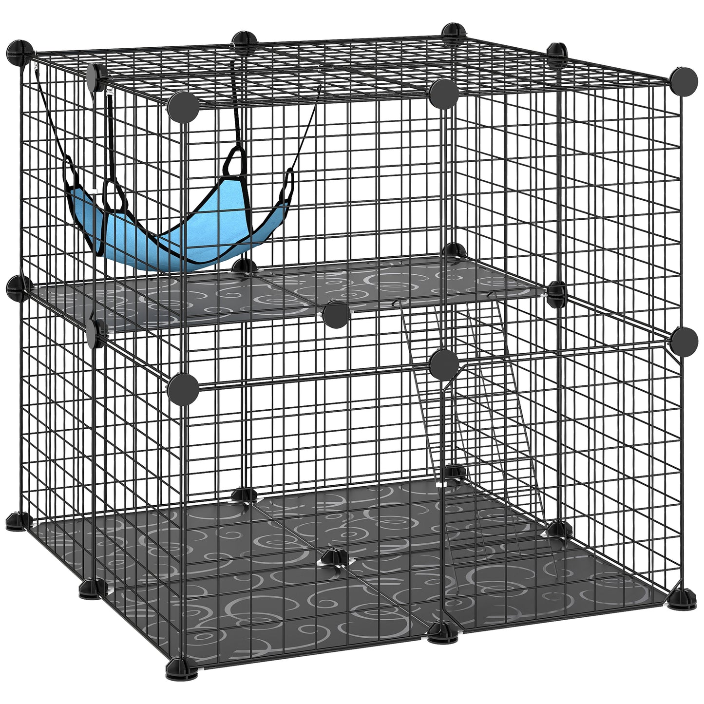 Photo of PawHut Indoor Cat Cage DIY Customizable 2-Tier Indoor Cat Enclosure with 2 Doors and Hammock 70 cm Black in Black colour on a white background