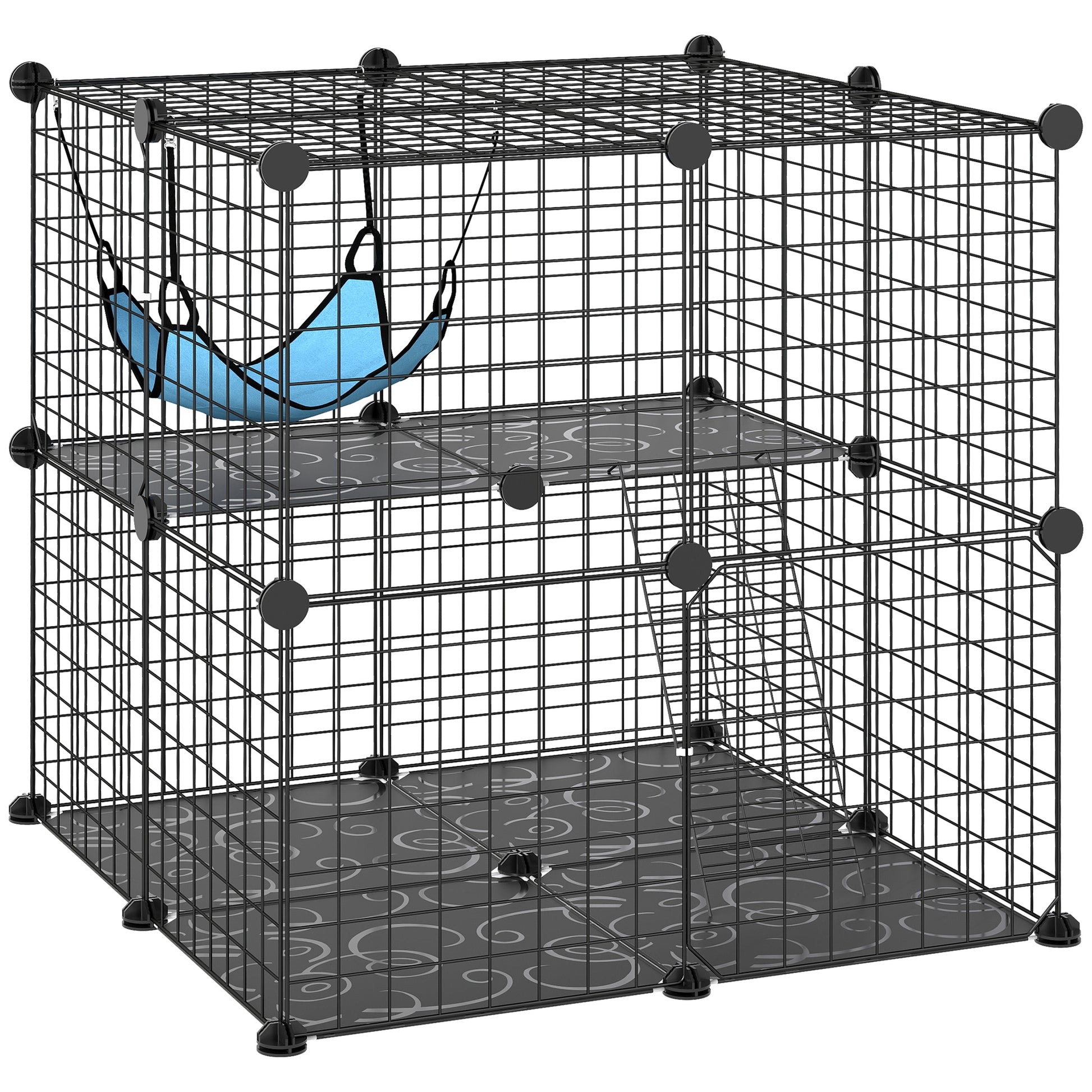 Photo of PawHut Indoor Cat Cage DIY Customizable 2-Tier Indoor Cat Enclosure with 2 Doors and Hammock 70 cm Black in Black colour on a white background