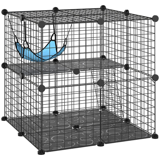 Photo of PawHut Indoor Cat Cage DIY Customizable 2-Tier Indoor Cat Enclosure with 2 Doors and Hammock 70 cm Black in Black colour on a white background