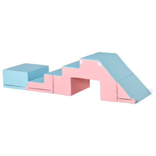 HOMCOM pink and blue foam climber set arranged as steps, tunnel, and slide