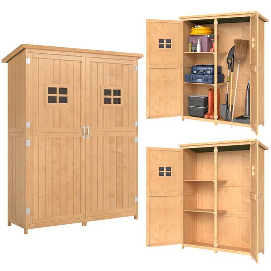 Photo of Outsunny Wooden Garden Shed with Two Windows, Tool Storage Cabinet, Outdoor Double Door Organizer 127.5L x 50W x 164H cm, Natural in Natural colour on a white background