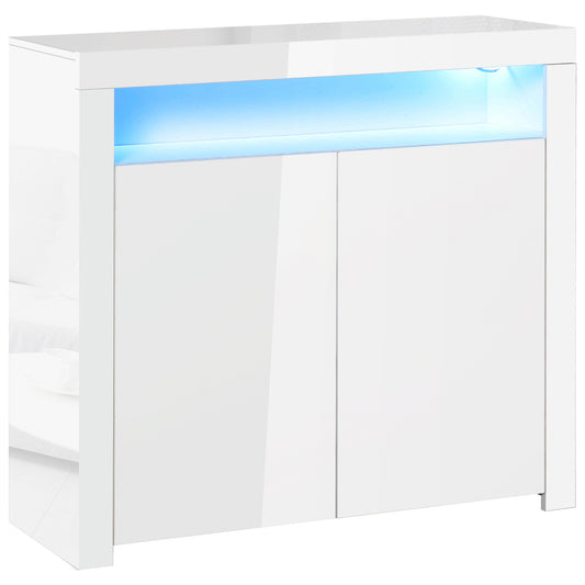 Photo of HOMCOM 2-Door Sideboard with LED Light, High Gloss Lighted Storage Cabinet with Shelves and Open Compartment, Modern Kitchen Sideboard for Dining Room, Living Room, 107 x 35 x 97cm, White in White colour on a white background