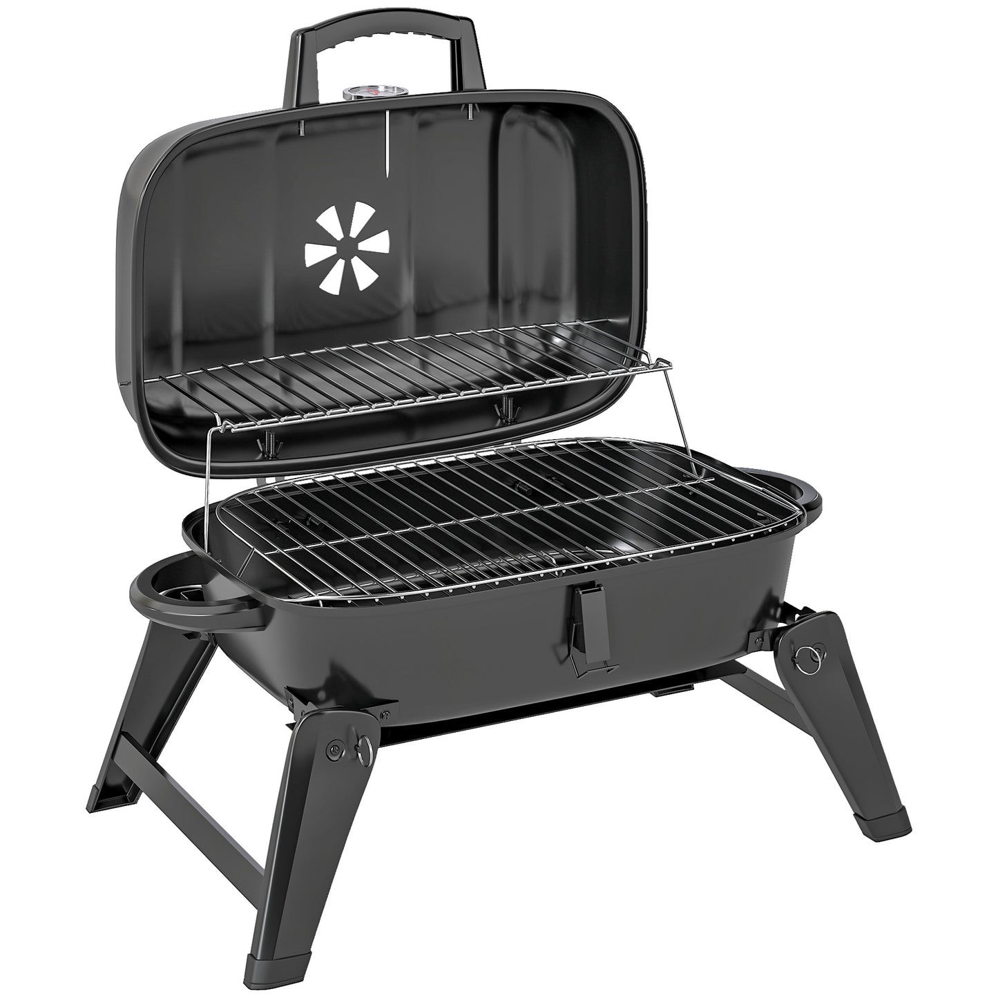 Photo of Outsunny Charcoal Barbecue Grill Folding Portable BBQ Grill for Camping with 1232 cm² Cooking Area, Adjustable Vent, Thermometer, Handles for Picnic, 59 x 37 x 36 cm, Black in Black colour on a white background