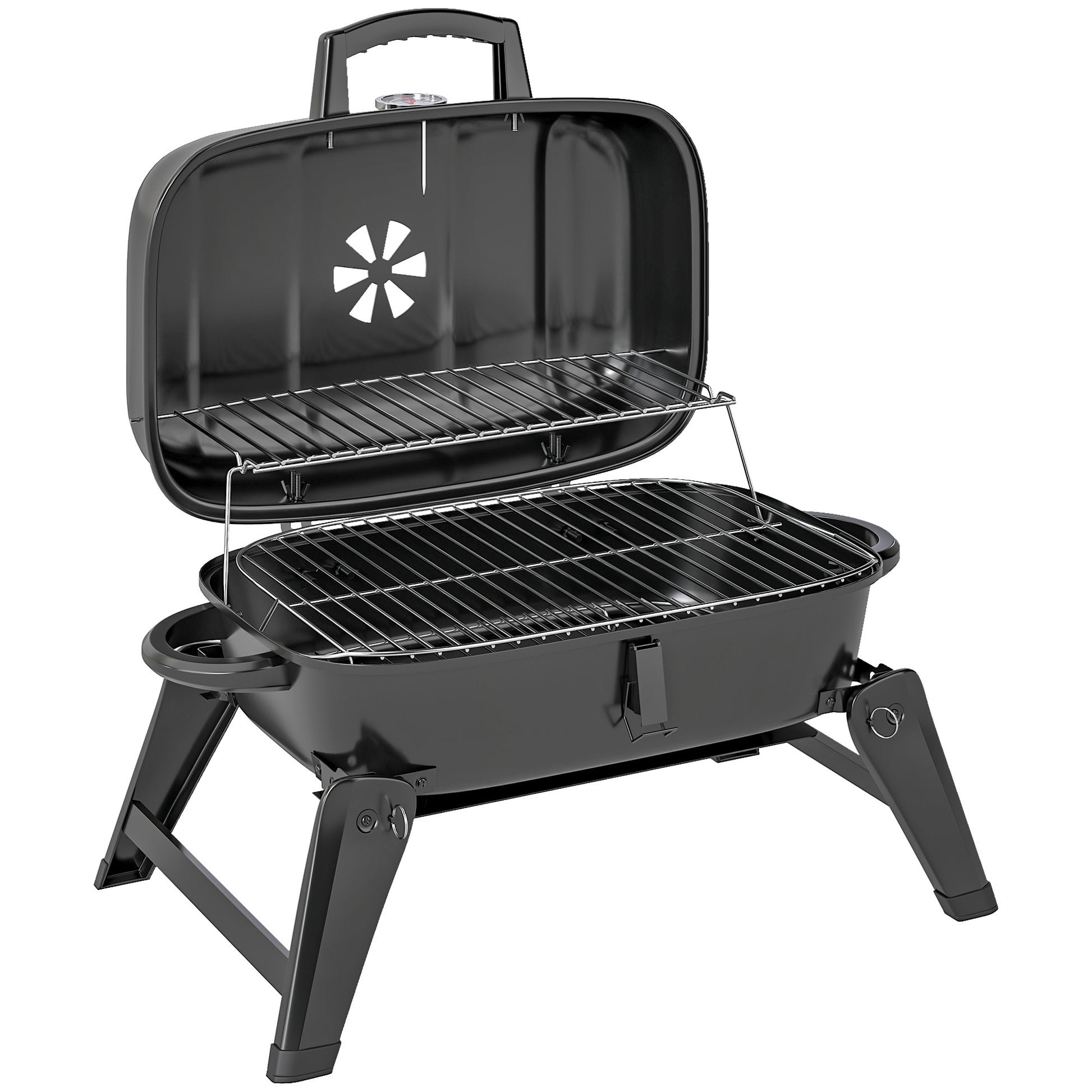 Photo of Outsunny Charcoal Barbecue Grill Folding Portable BBQ Grill for Camping with 1232 cm² Cooking Area, Adjustable Vent, Thermometer, Handles for Picnic, 59 x 37 x 36 cm, Black in Black colour on a white background