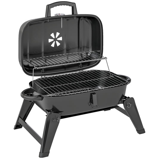 Photo of Outsunny Charcoal Barbecue Grill Folding Portable BBQ Grill for Camping with 1232 cm² Cooking Area, Adjustable Vent, Thermometer, Handles for Picnic, 59 x 37 x 36 cm, Black in Black colour on a white background