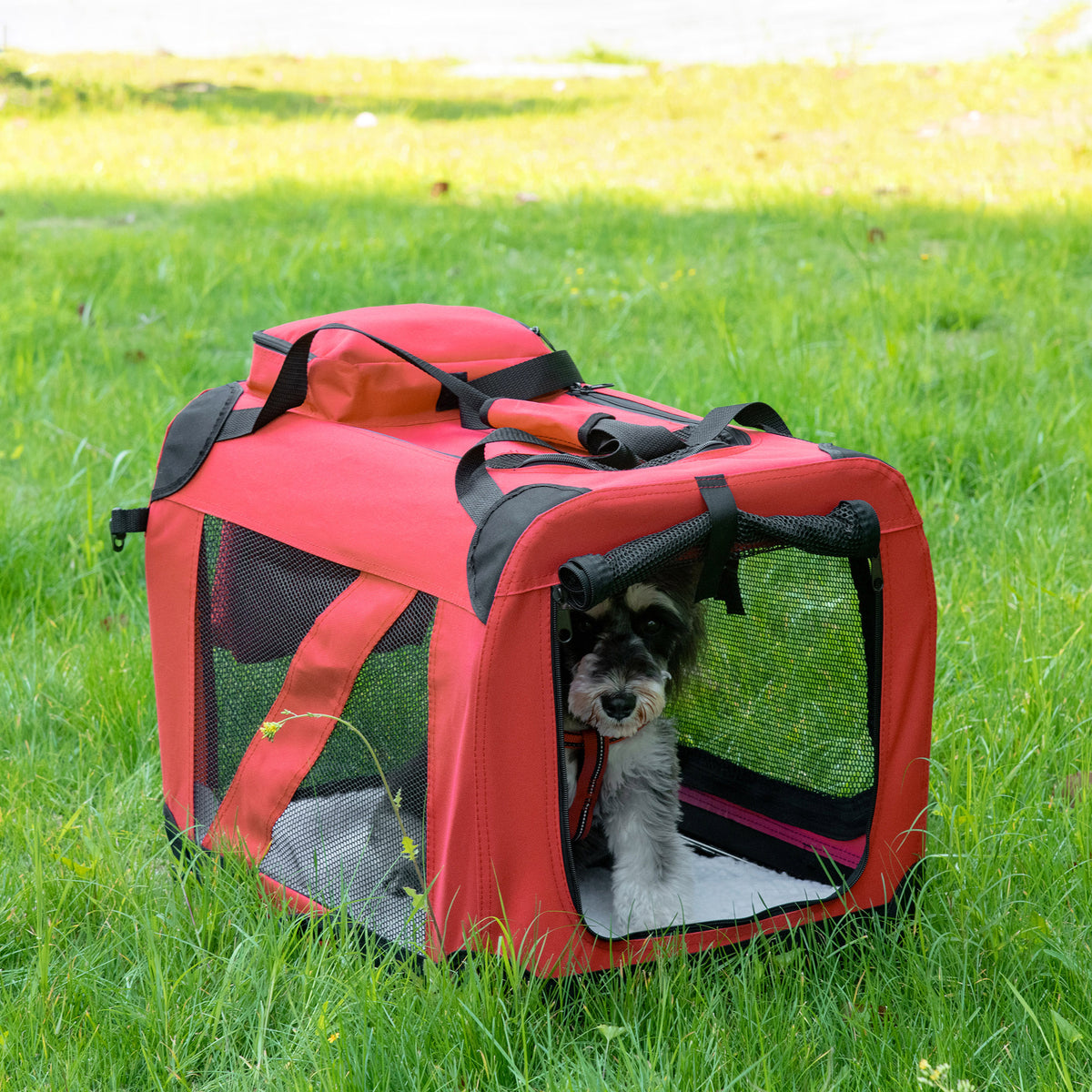 PawHut Foldable Cat Carrier for Small and Miniature Dogs, Portable Pet Carrier Soft Side Pet Travel Crate with Removable Mat, Storage Bags, Breathable Mesh Window 60 x 42 x 42cm - Red