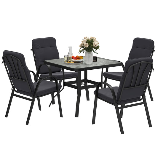 Photo of Outsunny 5 Pieces Outdoor Square Garden Dining Set w/ Tempered Glass Dining Table 4 Cushioned Armchairs, Umbrella Hole, Black in Black colour on a white background