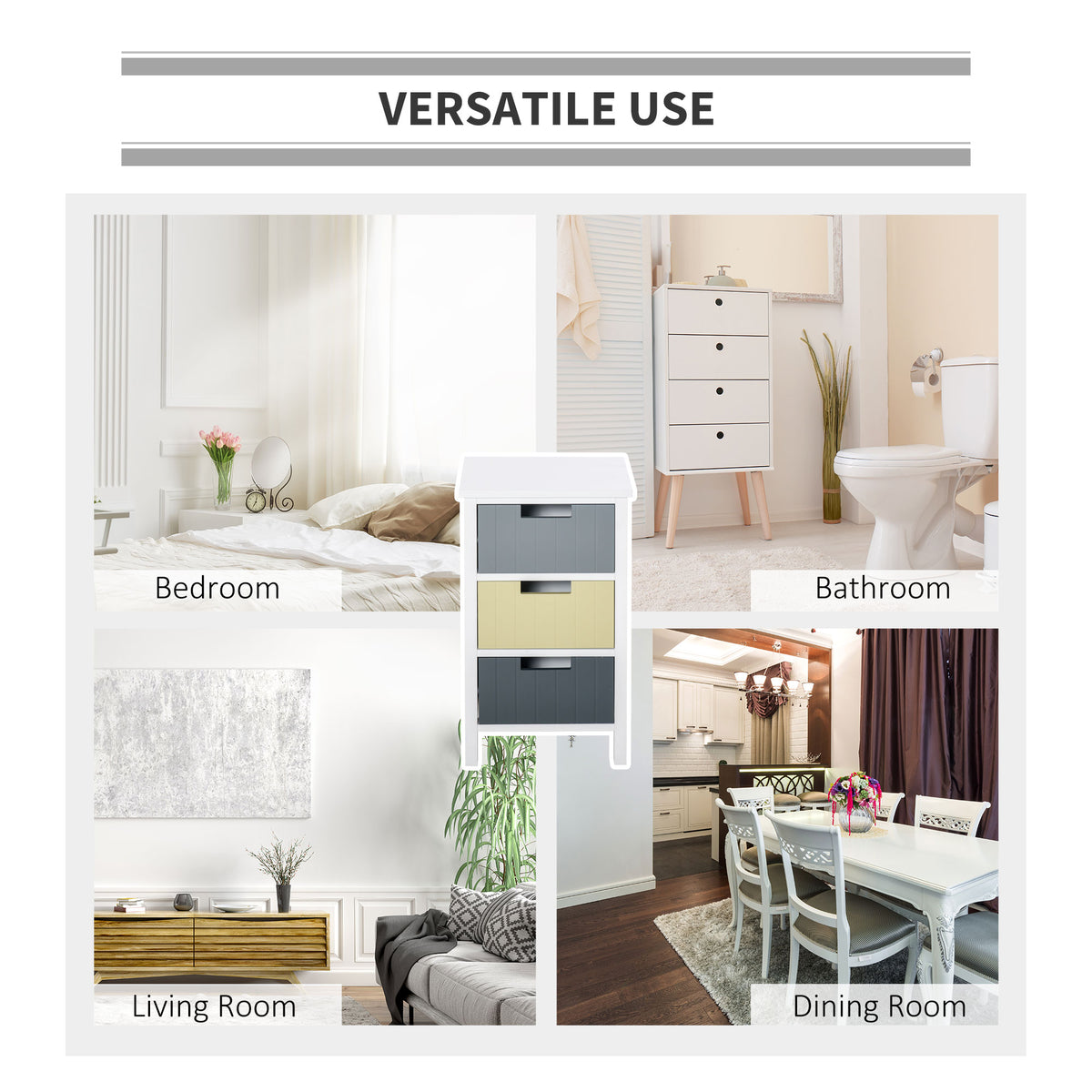 HOMCOM three-drawer storage tower shown in bedroom, bathroom, living room, and dining room settings