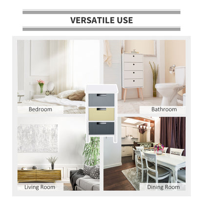 HOMCOM three-drawer storage tower shown in bedroom, bathroom, living room, and dining room settings