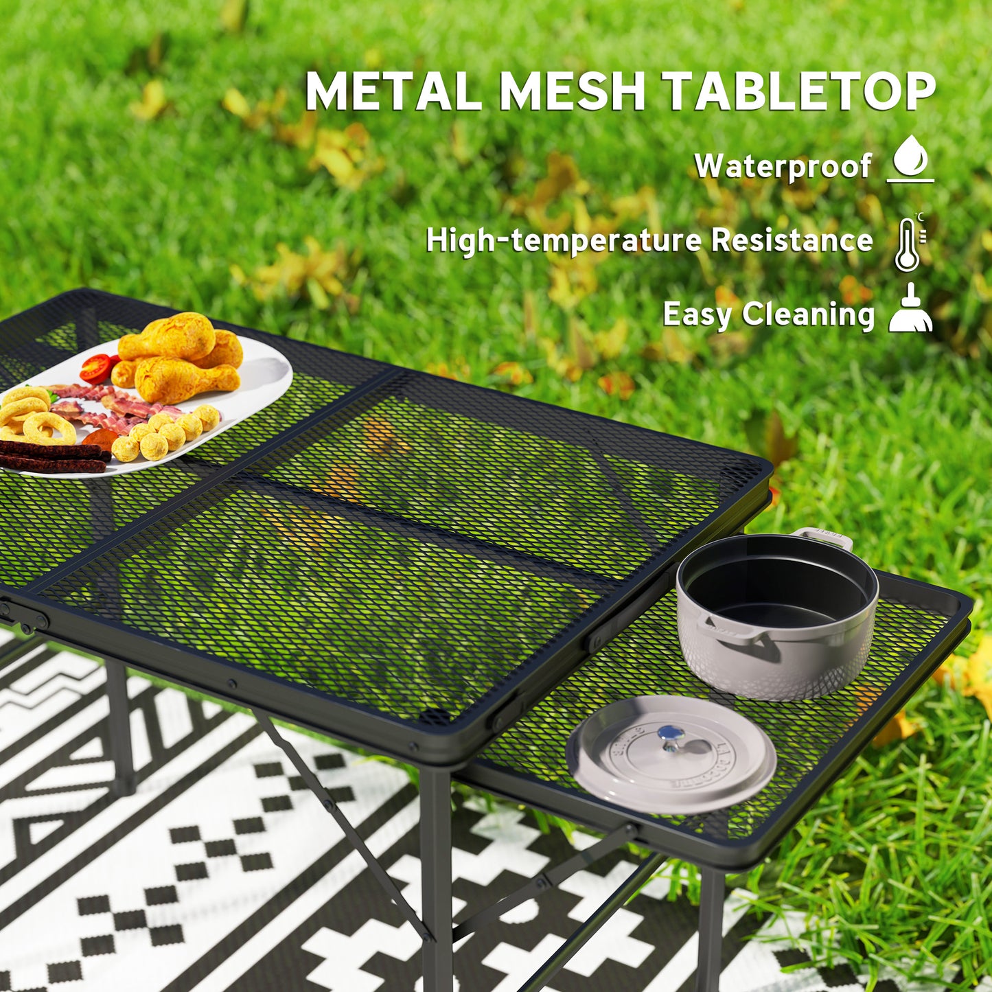 Outsunny Folding Grill Table, 4.5ft Portable Camping Table with 2 Wing Panels, Height Adjustable Metal Picnic Table for Camping, Picnic and BBQ, Black