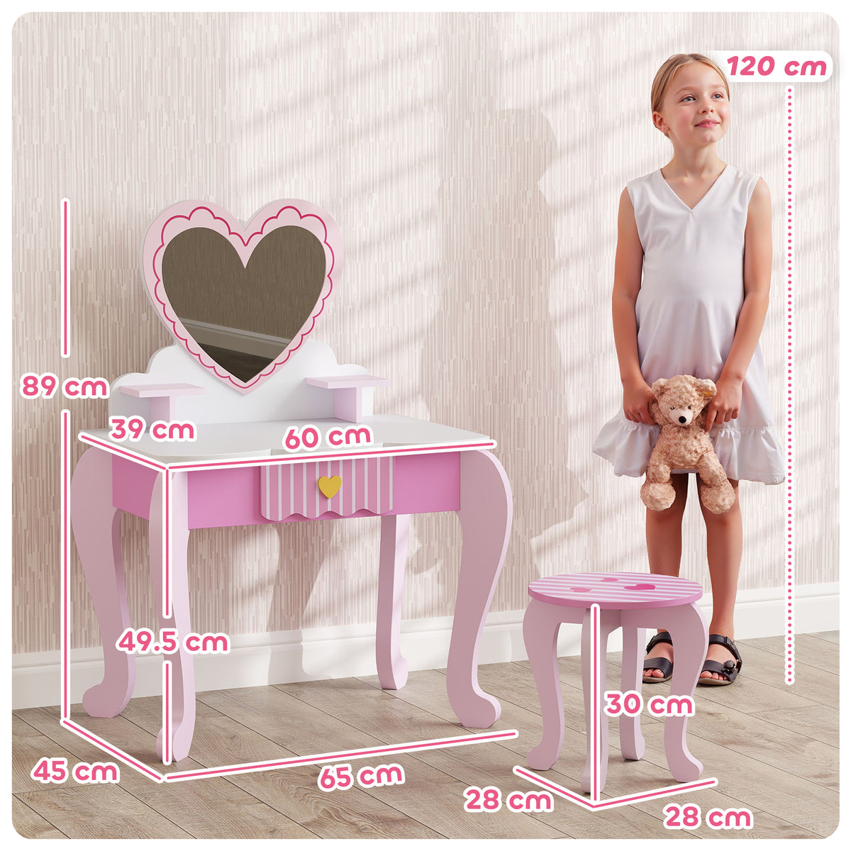 Pink children's vanity set and stool with heart mirror and measurements shown