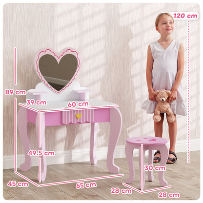Pink children's vanity set and stool with heart mirror and measurements shown