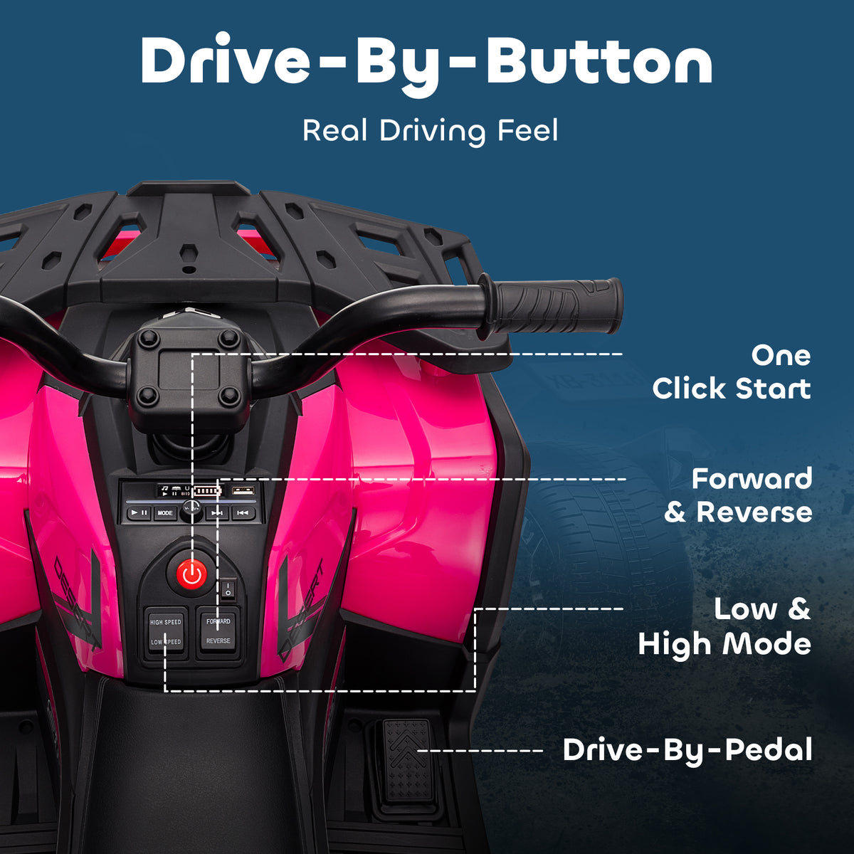 Pink kids' electric ride-on ATV handlebars, start button, forward and reverse controls, and foot pedal