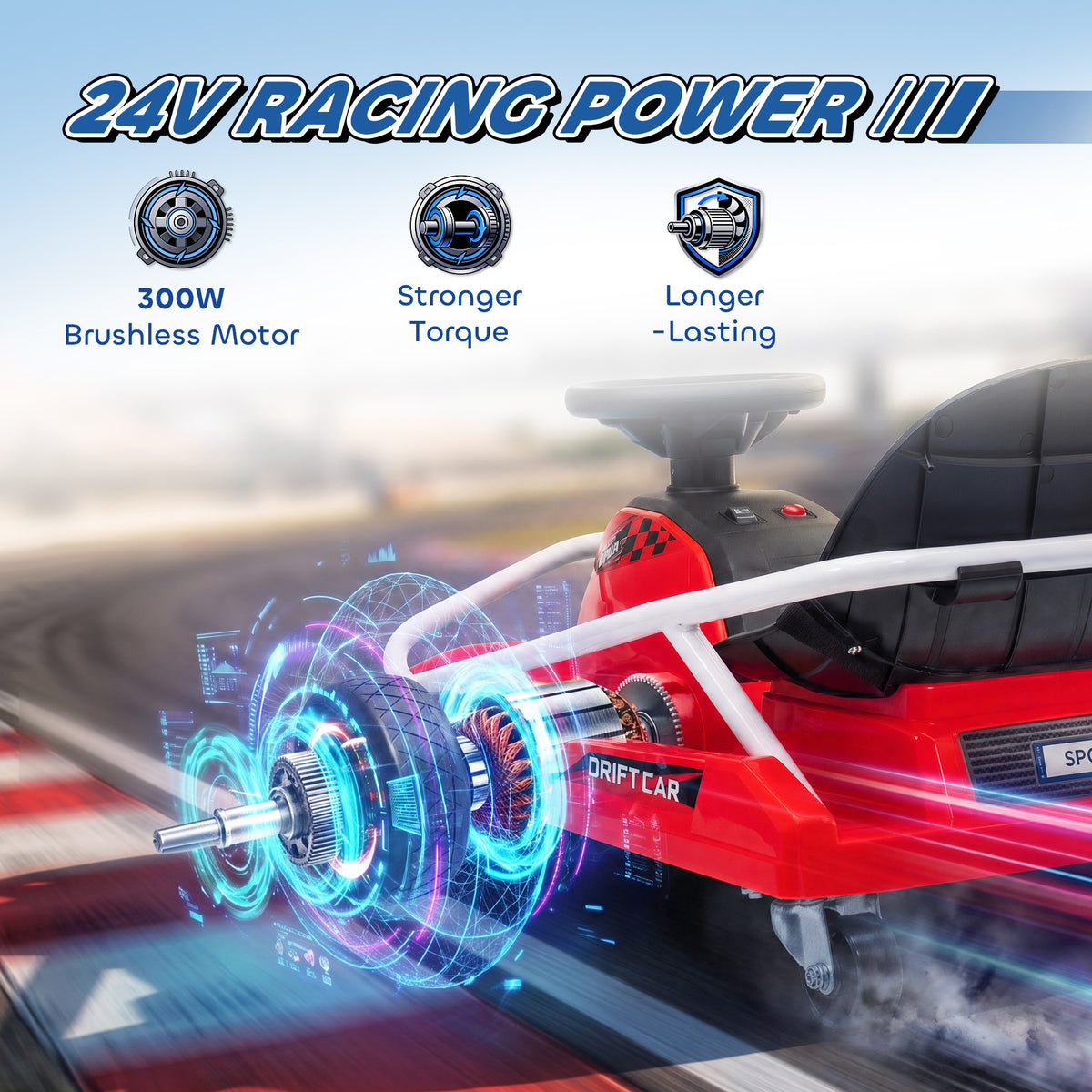 AIYAPLAY 24V Electric Go Kart for Kids with Drift Mode, 300W Brushless Motor, Soft Start and Dual Speed for Ages 6-10, Red