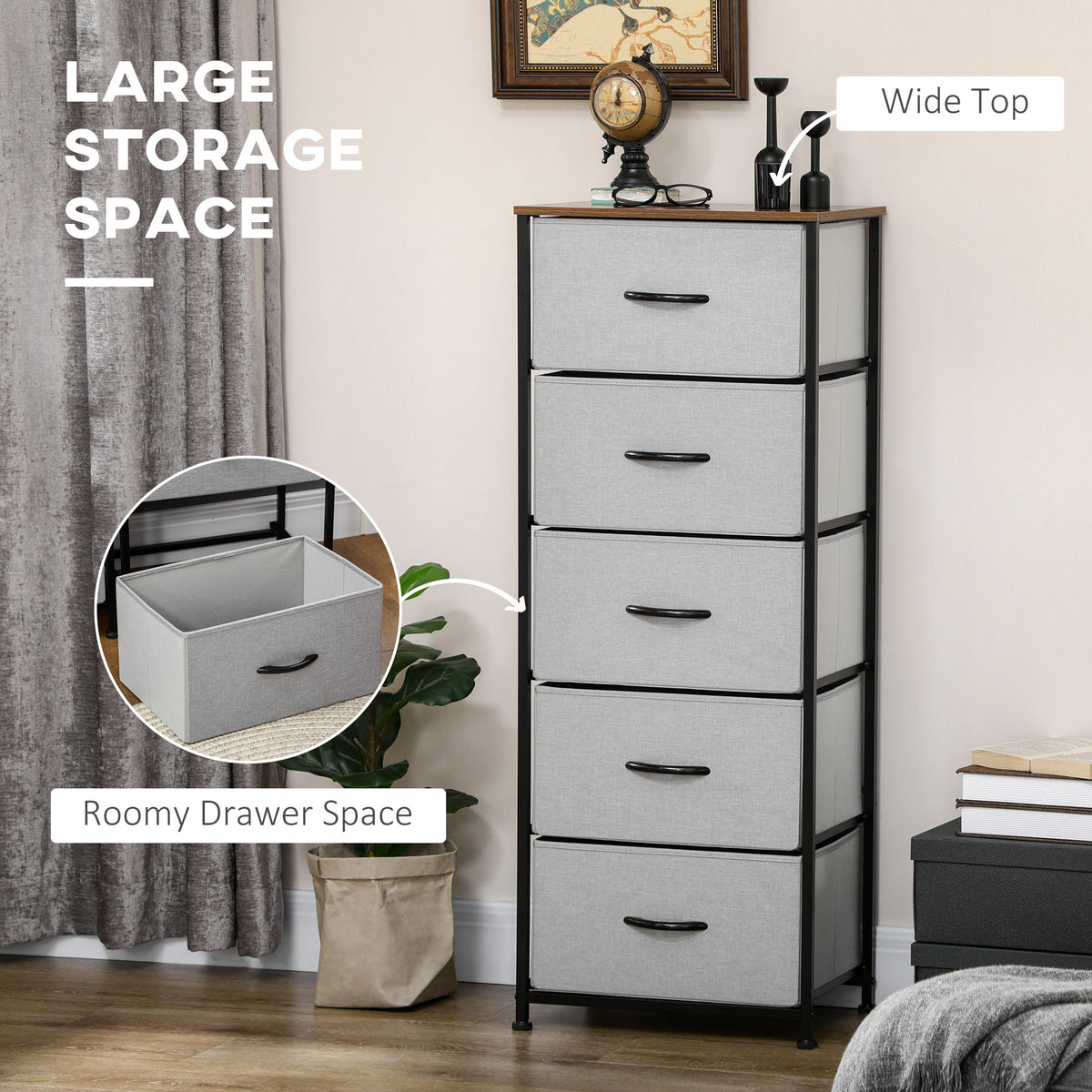 Gray fabric chest of drawers with five drawers, a steel frame, and a wood top
