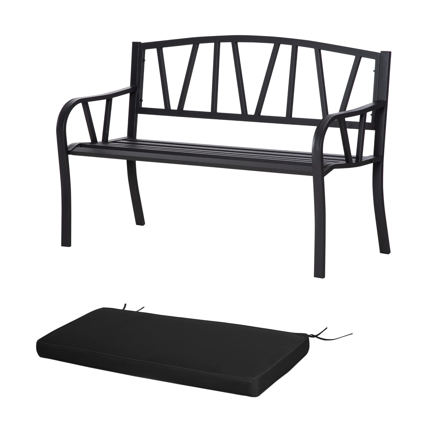 Photo of Outsunny 2-Seater Garden Bench with Cushion, Metal Loveseat, Slatted Outdoor Park Chair with Decorative Backrest and Armrest, Black in Black colour on a white background