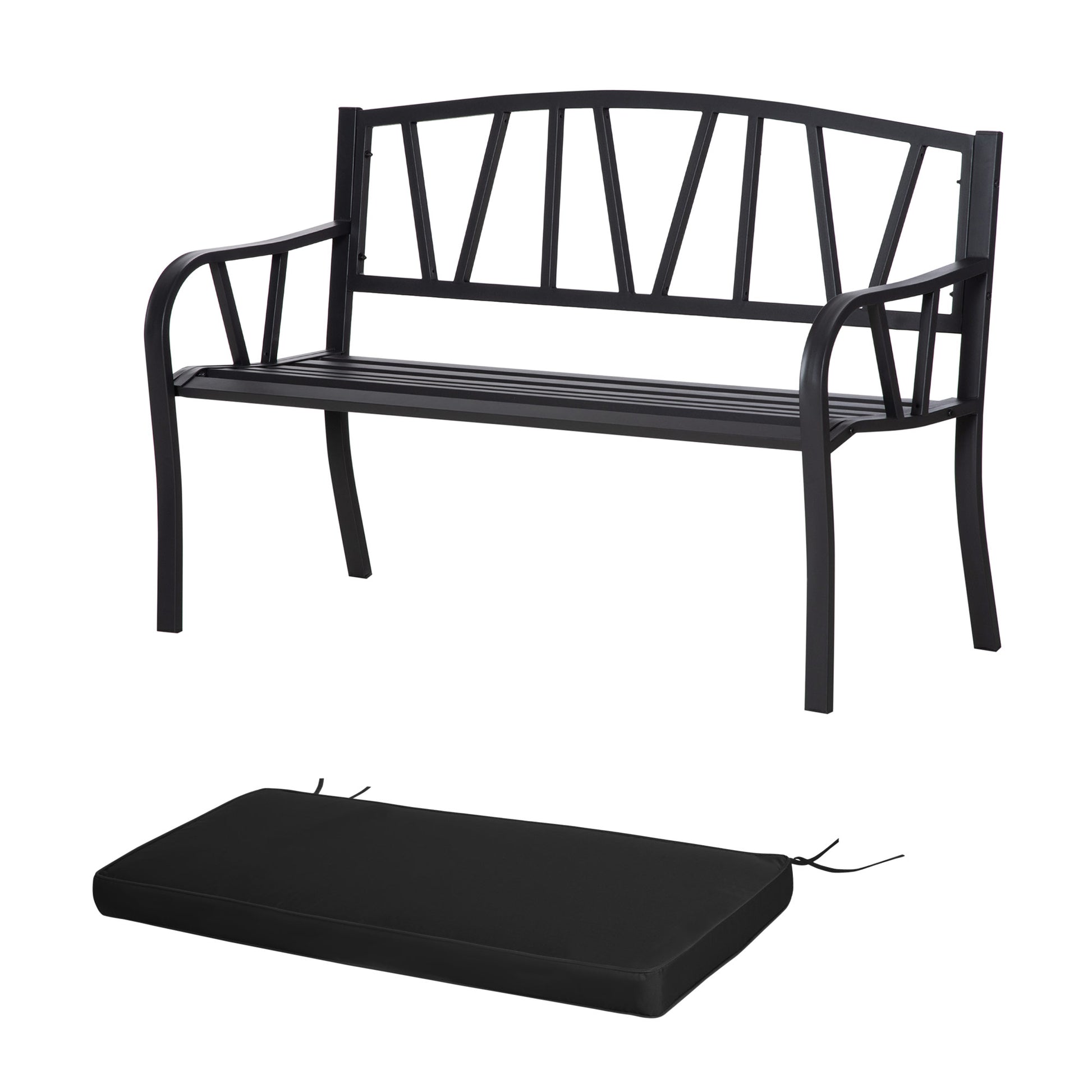 Photo of Outsunny 2-Seater Garden Bench with Cushion, Metal Loveseat, Slatted Outdoor Park Chair with Decorative Backrest and Armrest, Black in Black colour on a white background