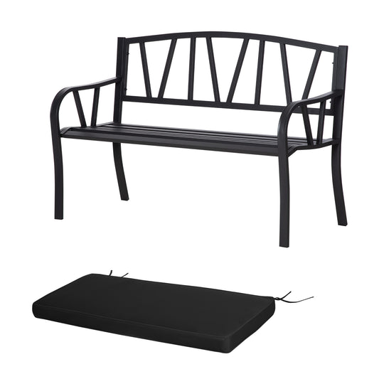 Photo of Outsunny 2-Seater Garden Bench with Cushion, Metal Loveseat, Slatted Outdoor Park Chair with Decorative Backrest and Armrest, Black in Black colour on a white background