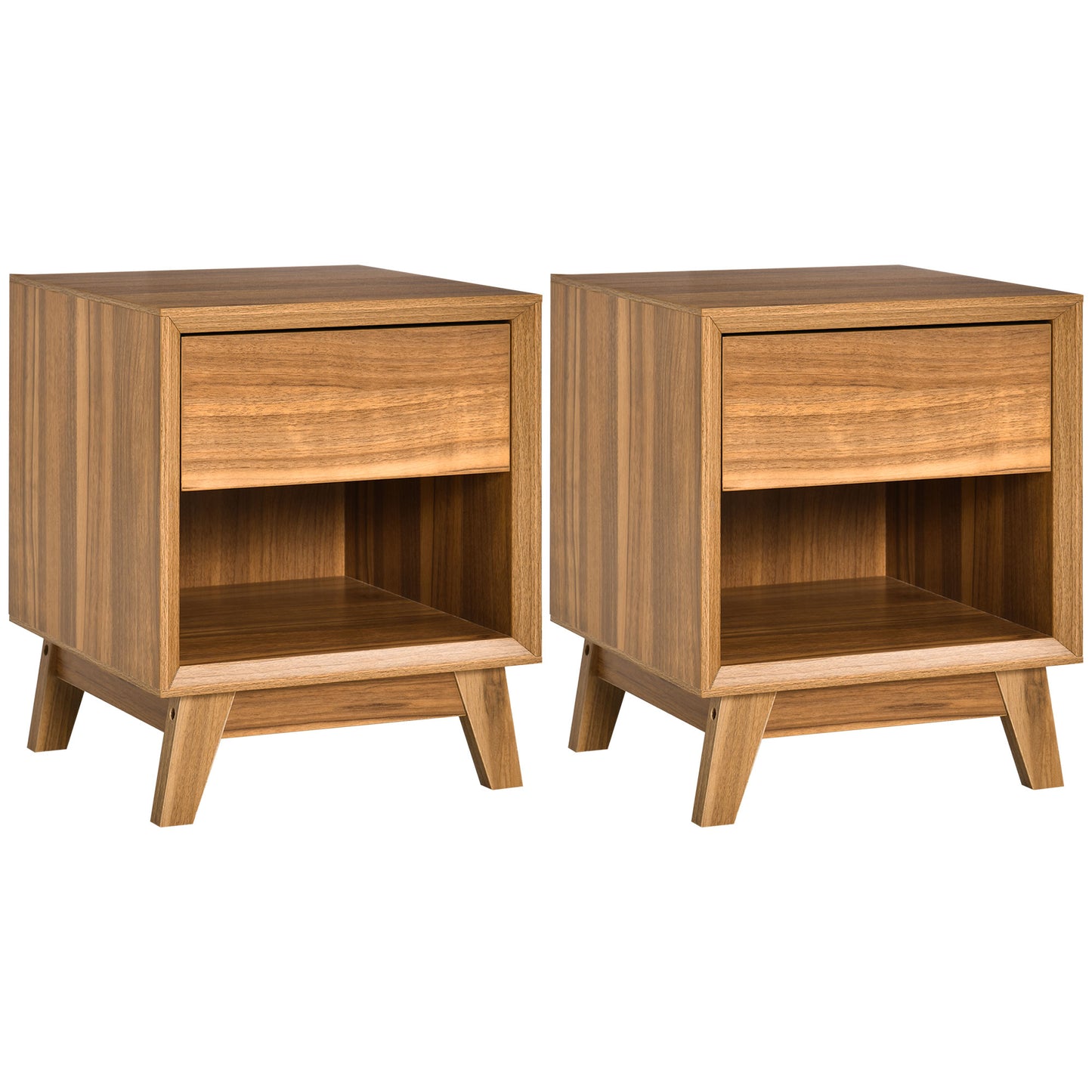 Photo of HOMCOM Modern Bedside Table Nightstand, Living Room End Table, Side Table with Drawer and Shelf, Set of 2, Walnut Brown in Brown colour on a white background