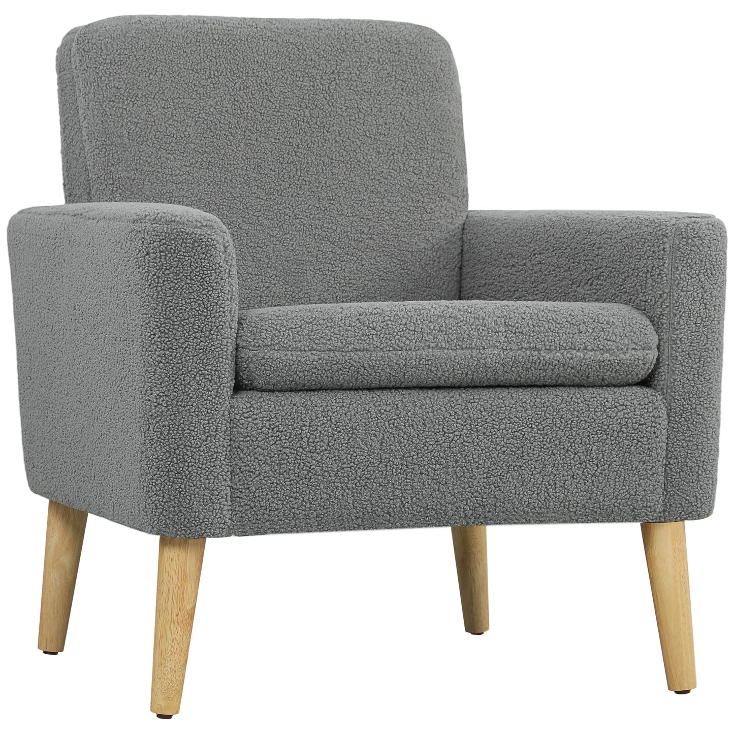 Photo of HOMCOM Armchair, Upholstered Accent Chair with Wood Legs and Wide Padded Seat, Teddy Occasional Chair, Grey in Grey colour on a white background