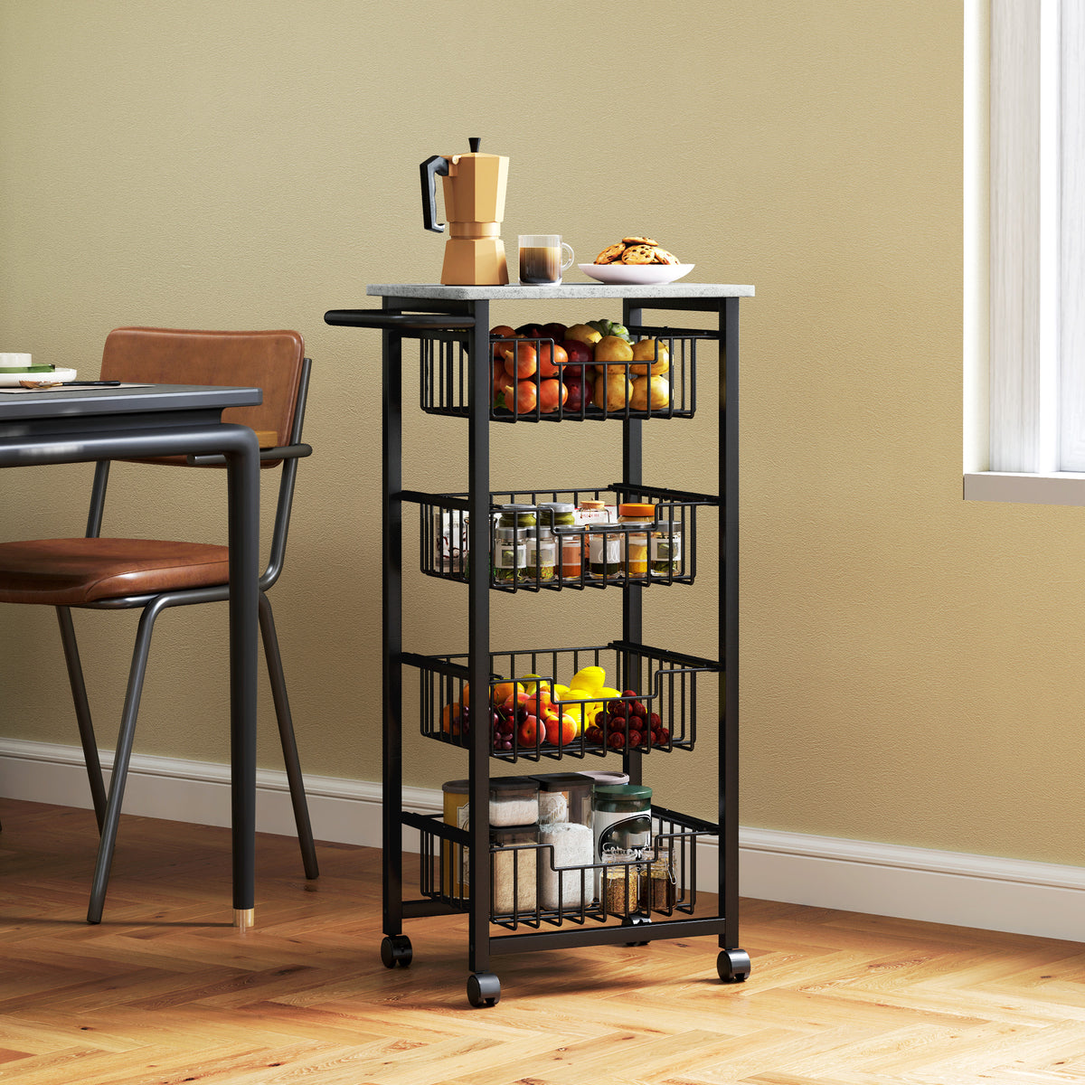 HOMCOM mobile kitchen island with four baskets holding produce, jars, and pantry goods