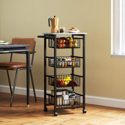 HOMCOM mobile kitchen island with four baskets holding produce, jars, and pantry goods