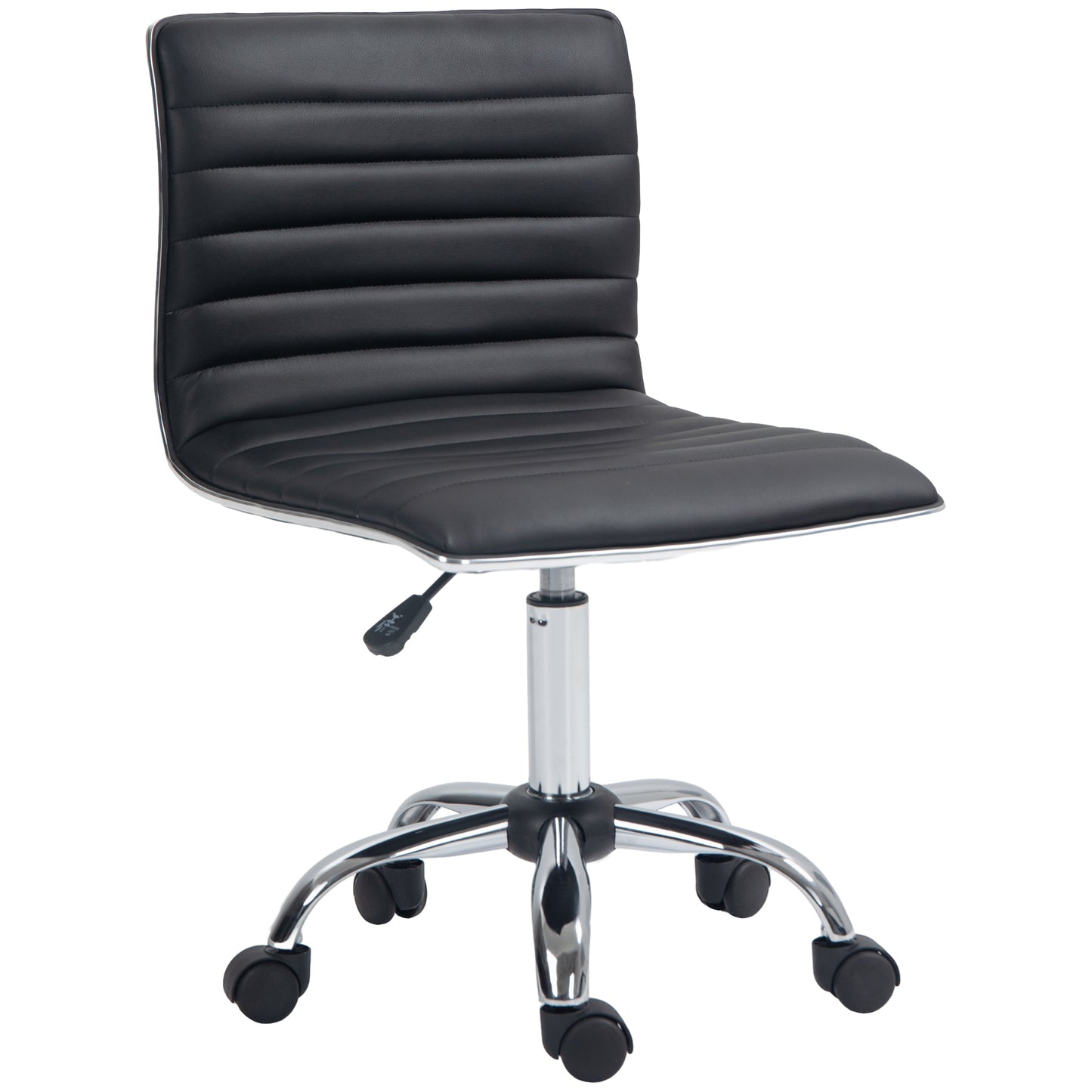 Photo of HOMCOM Armless Task Desk Chair, Swivel Office Chair with Faux Leather, Adjustable Seat Height, Chrome Base, Wheels for Home, Black in Black colour on a white background