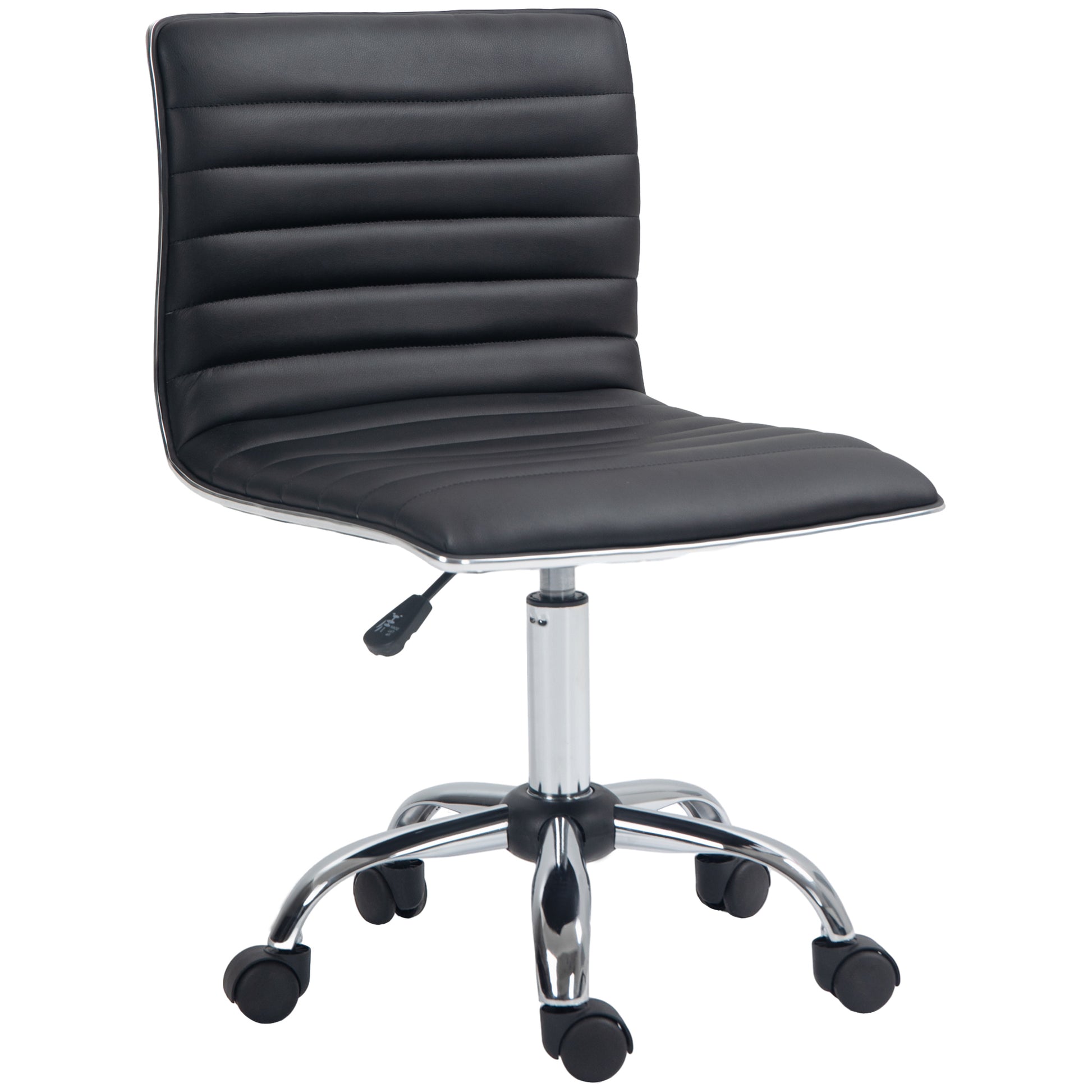 Photo of HOMCOM Armless Task Desk Chair, Swivel Office Chair with Faux Leather, Adjustable Seat Height, Chrome Base, Wheels for Home, Black in Black colour on a white background