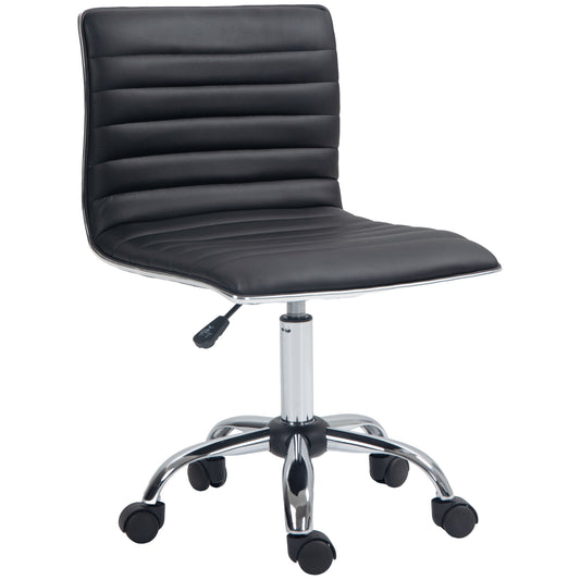 Photo of HOMCOM Armless Task Desk Chair, Swivel Office Chair with Faux Leather, Adjustable Seat Height, Chrome Base, Wheels for Home, Black in Black colour on a white background