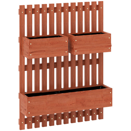 Photo of Outsunny Wall-mounted Wooden Garden Planters with Trellis, Drainage Holes and 3 Planter Boxes for Patio, Brown in Brown colour on a white background