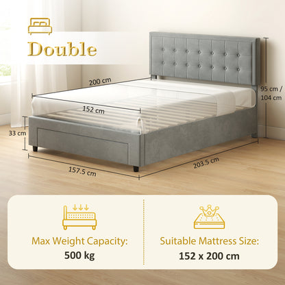 Gray upholstered bed frame with tufted headboard, shown with mattress size and dimensions