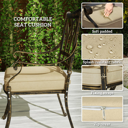 Dining chair with beige padded cushion, splash-resistant fabric, fixing straps and zip cover