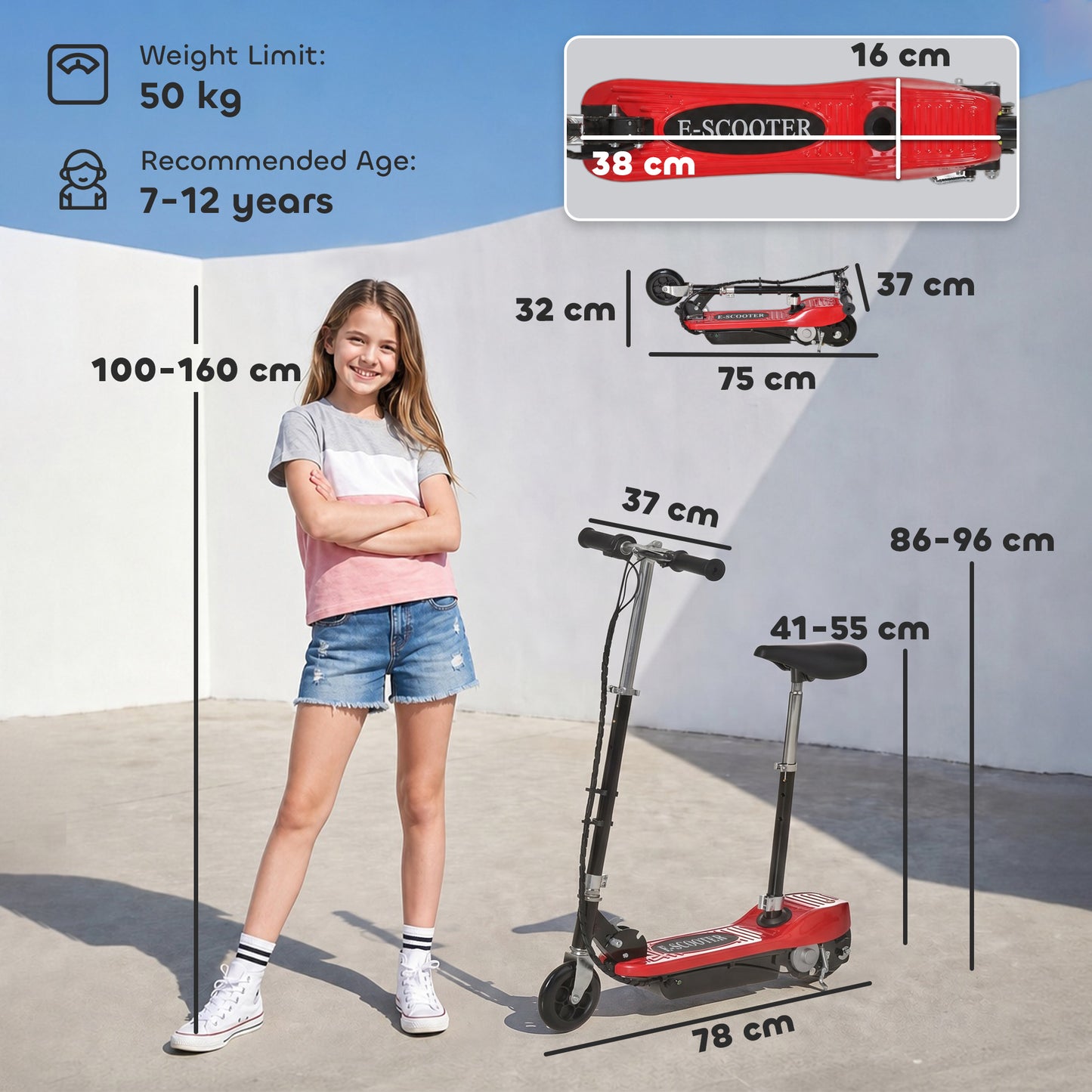 HOMCOM Powered Electric Scooter Ride-On, with Brakes, Adjustable Seat, Adjustable Handlebars, Red