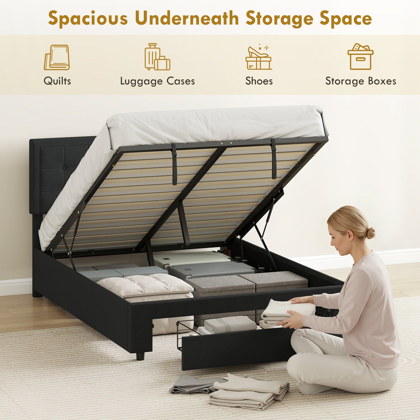 HOMCOM Double Ottoman Bed Frame, with Front Drawer - Black