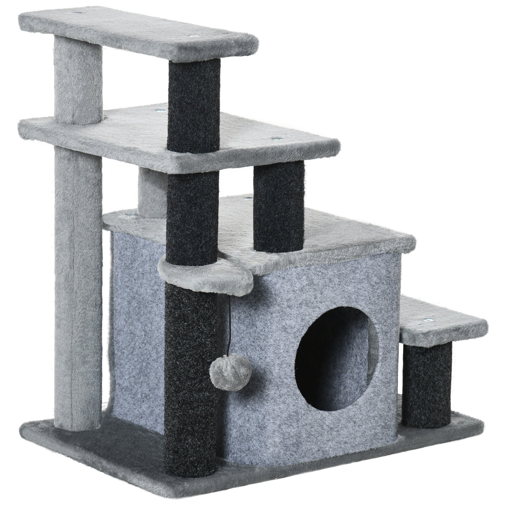 Photo of PawHut Adjustable Cat Steps, with House & Hanging Toy Ball - Grey in Grey colour on a white background