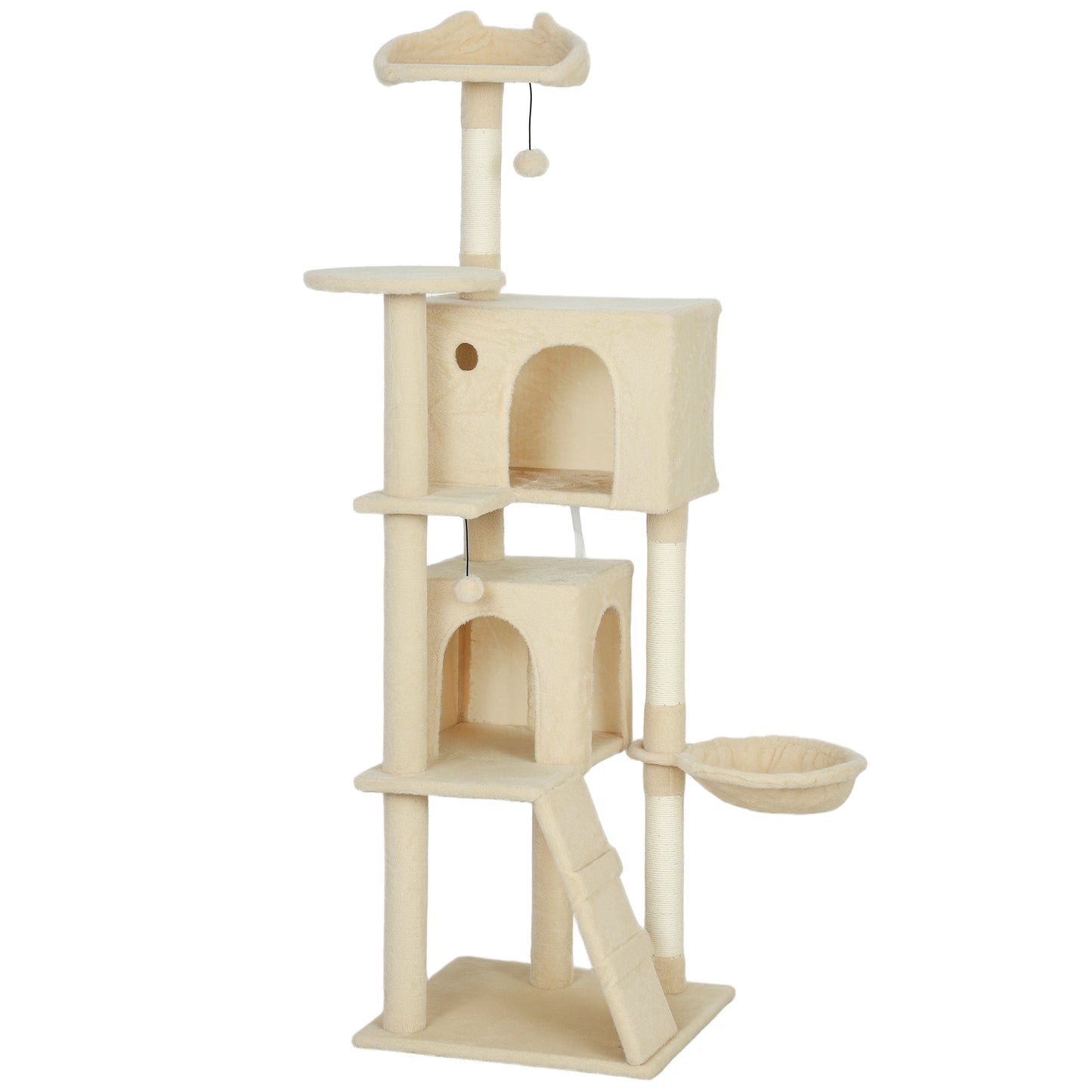 Photo of PawHut 160cm Large Cat Tree Tower with Sisal Scratching Posts, Condos, Plush Perches, Hammock, Ladder, Beige in Beige colour on a white background